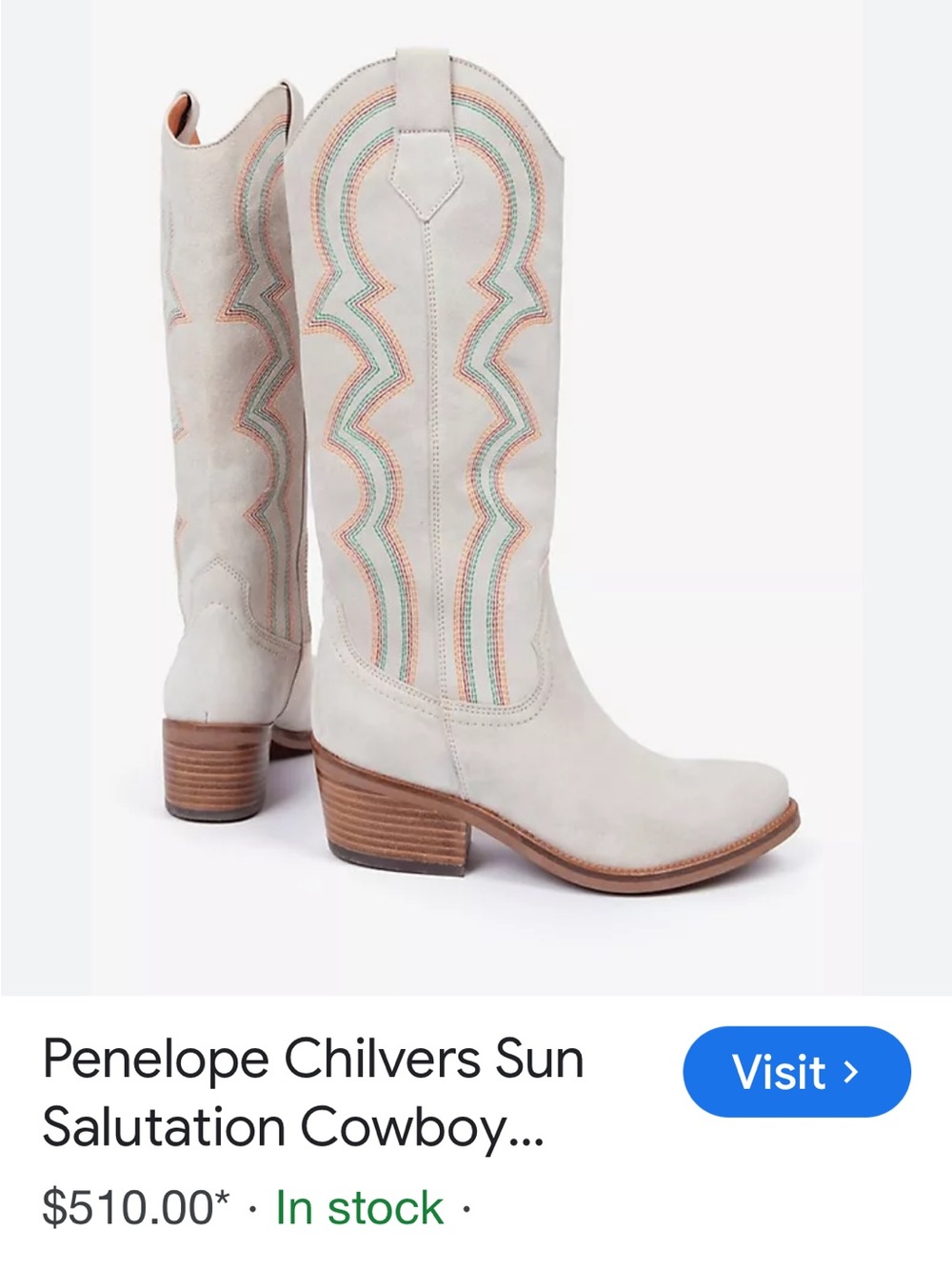 Penelope Chilvers Light Sand Suede Western Knee Boots with Pastel Stitching